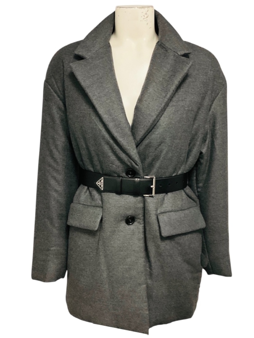 PRADA ARDESIA GREY SINGLE BREASTED PADDED CABAN JACKET WITH CALFSKIN LEATHER LOG